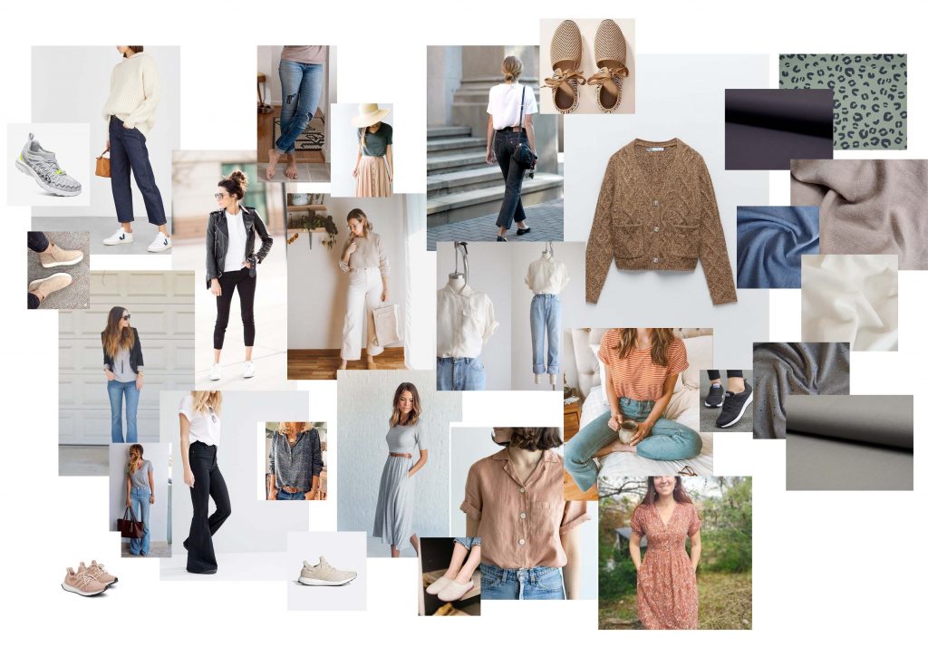 Moodboard full of womens clothing, shoes and swatches of fabric