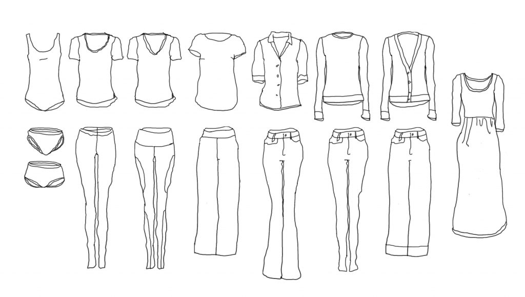 Black and white sketches of a capsule wardrobe.